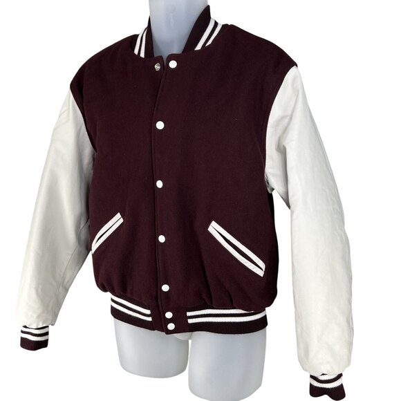 Rennoc Classic Men M Varsity Letterman Bomber Jacket Wool Quilted Burgundy White - Picture 7 of 16